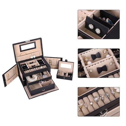 UNIQ XL Leather Jewelry Box with 20 compartments and lock - Black